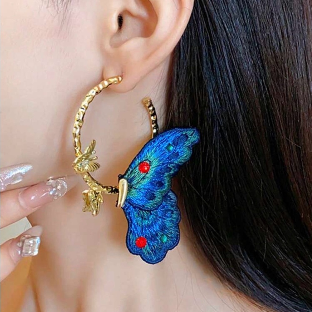 Gold Hoop Butterfly Statement Earrings in Blue
